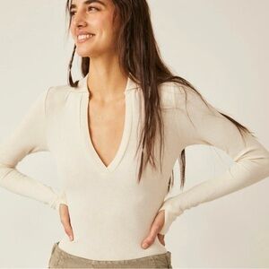 Free People Cream V-Neck Long Sleeve Bodysuit